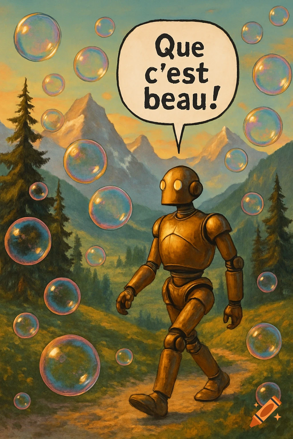 A bronze robot walks through a mountain landscape with colorful bubbles, exclaiming 'Que c'est beau!' in an oil painting style.