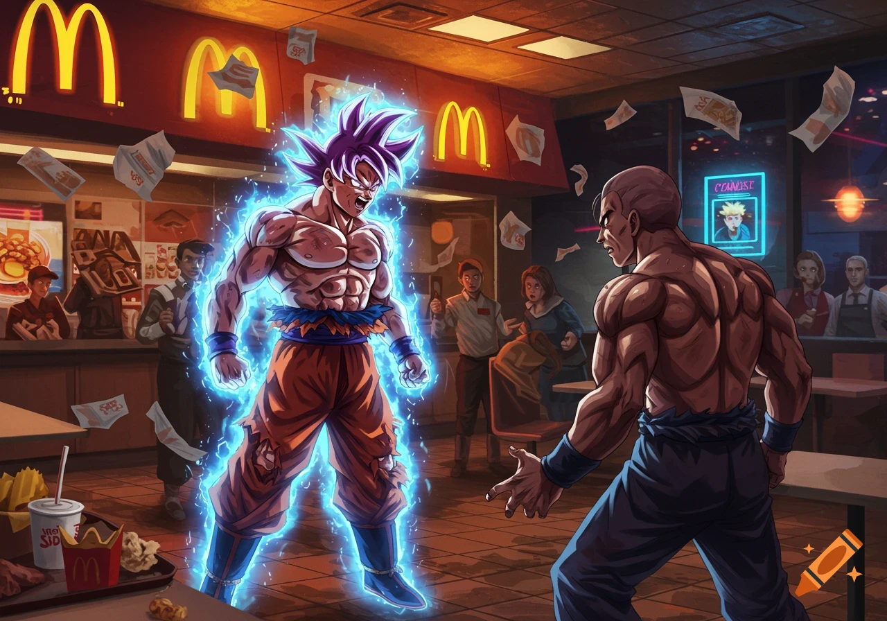 Goku in Ultra Instinct aura confronts Toji Fushiguro inside a McDonald's restaurant, surrounded by reacting bystanders and flying debris in a dynamic anime art style.