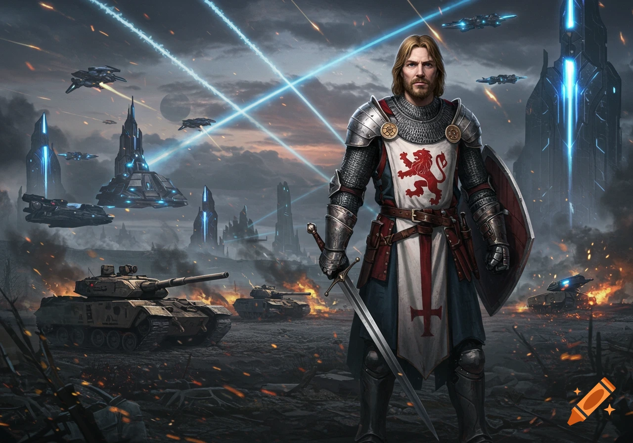 A knight in armor with a sword stands on a battlefield with tanks, futuristic structures, and sci-fi ships.