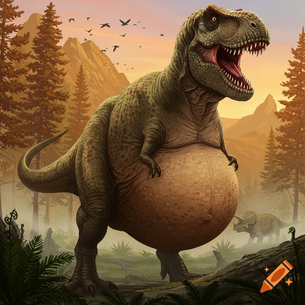 A colossal T-Rex with a distended belly roars in a lush prehistoric forest, a Triceratops in the misty background.