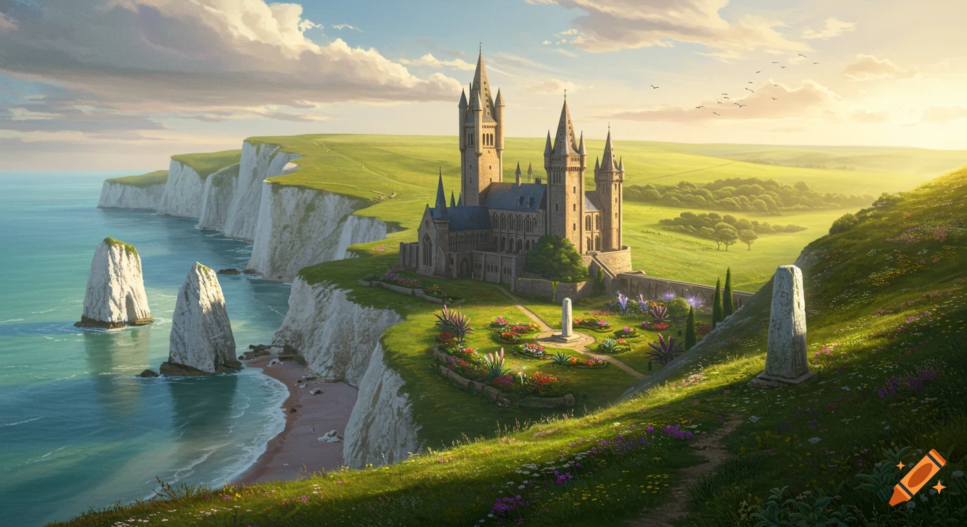 A majestic fantasy castle with multiple towers on a grassy cliff overlooking a turquoise sea with white chalk stacks and a vibrant garden, under a dramatic sky.