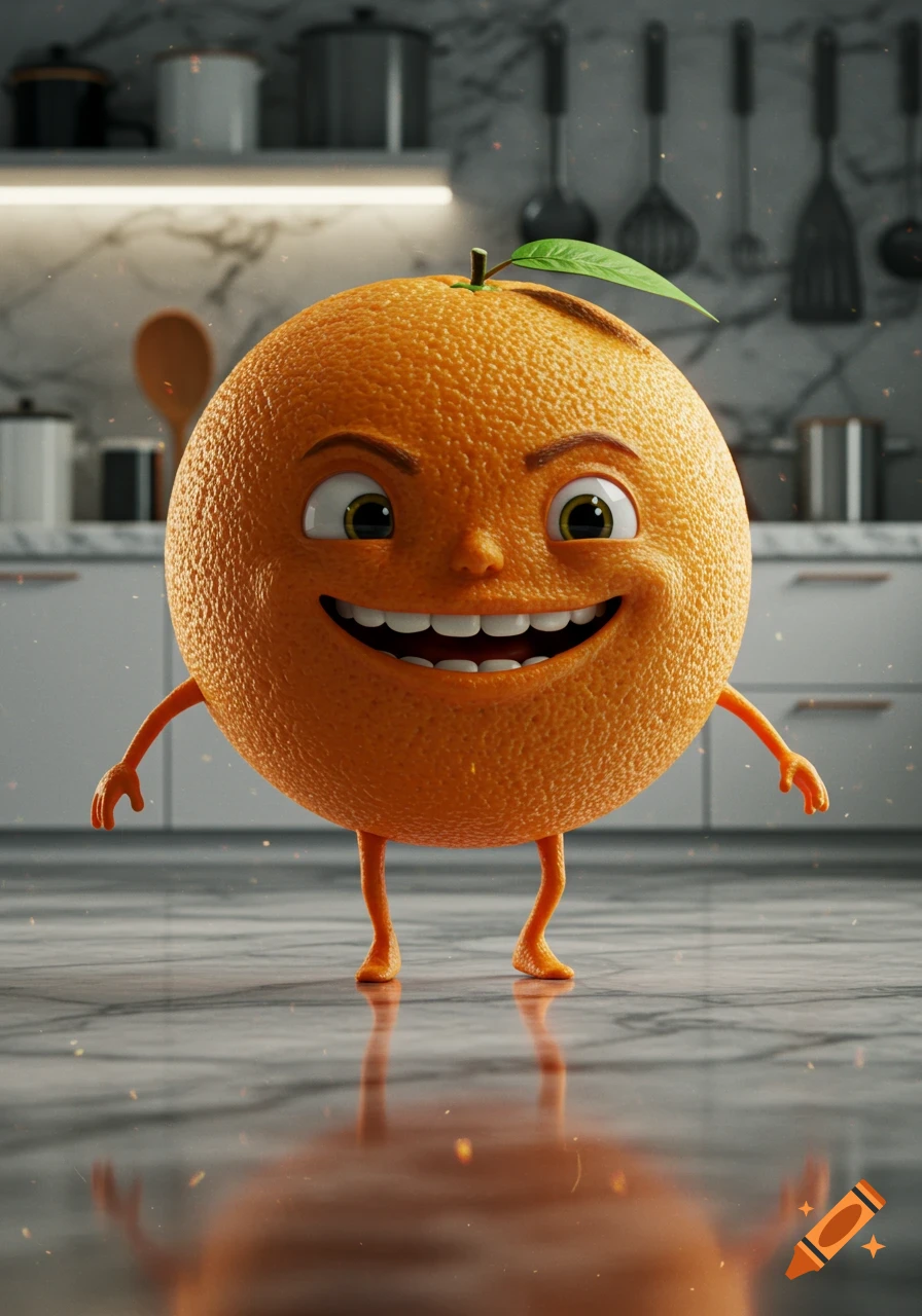 A smiling anthropomorphic orange character with arms and legs stands in a reflective modern kitchen.