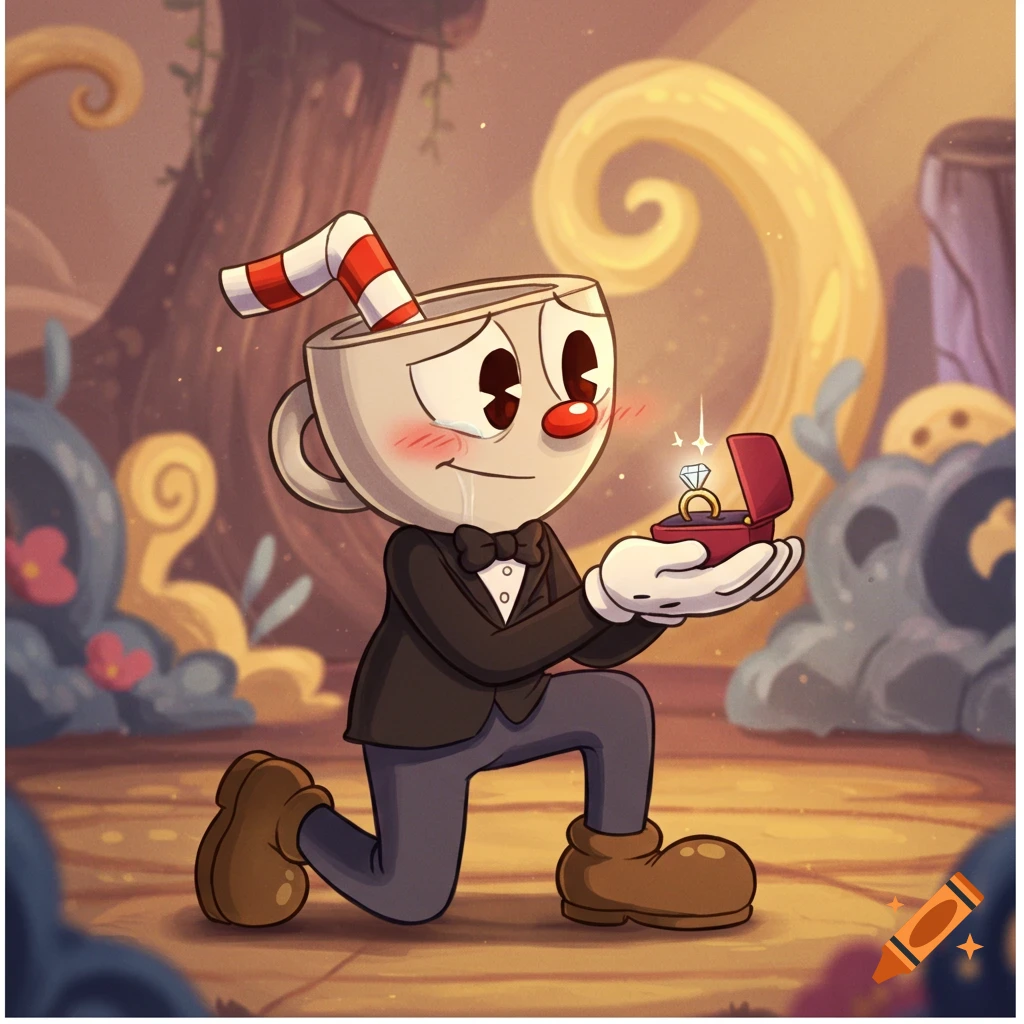 Cuphead, in a suit, kneels and blushes while holding an open ring box with a diamond ring in a whimsical, cartoon setting.