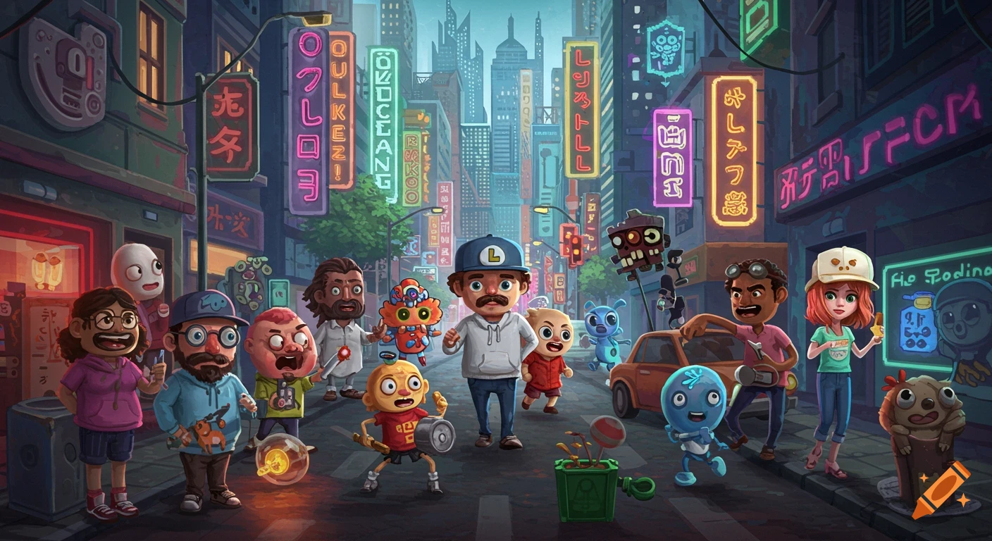A vibrant cartoon street scene at night, bustling with a diverse group of whimsical characters and creatures under bright neon signs in a futuristic city.