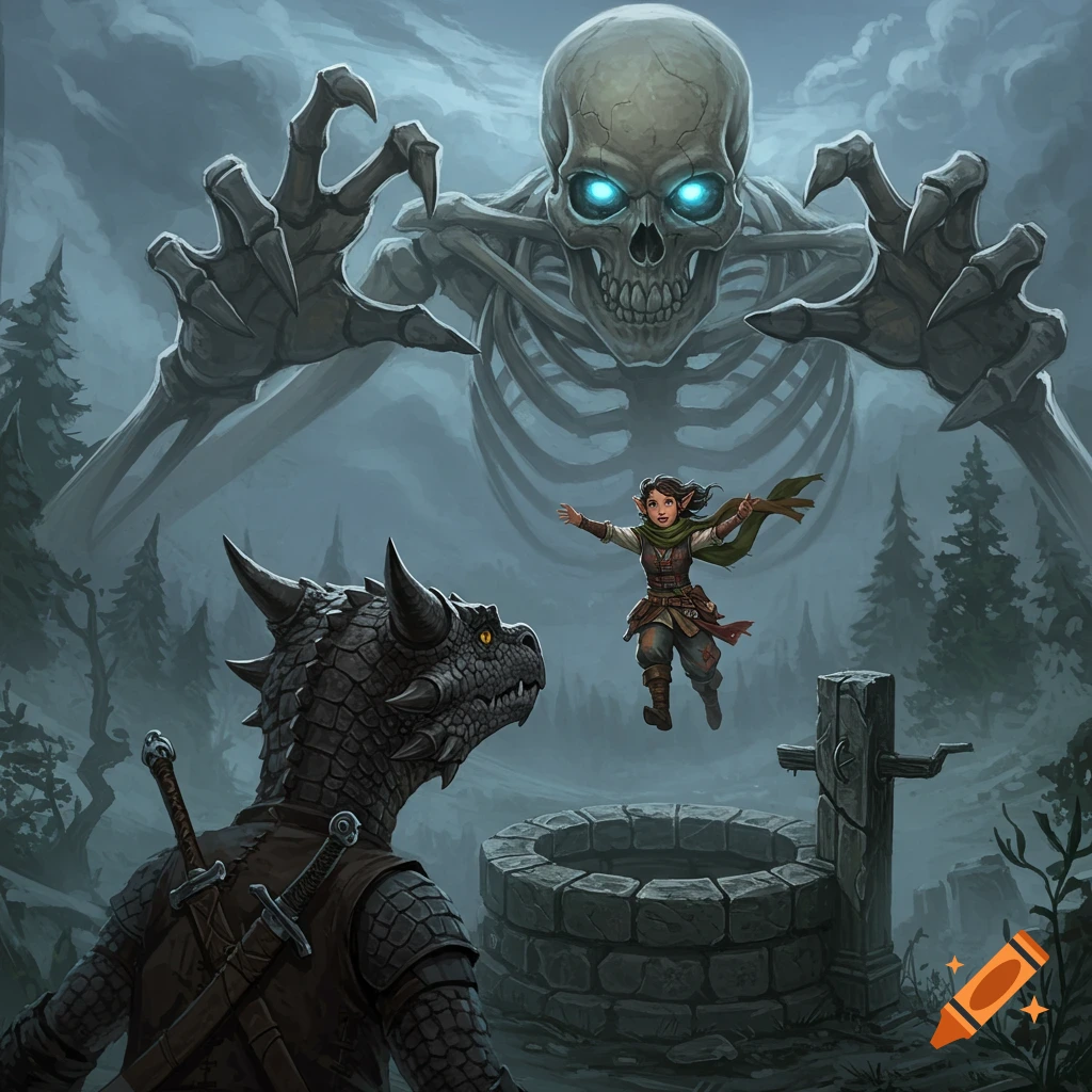 A giant skeleton with glowing eyes looms over a halfling jumping from a well, while a dragonborn watches in a fantasy illustration.