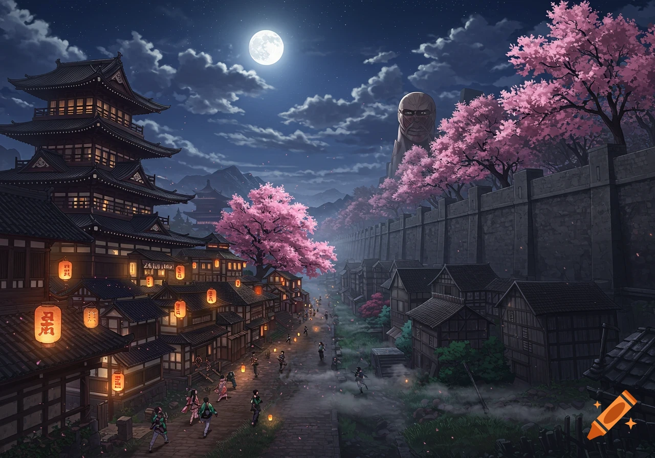 A moonlit anime landscape showing a traditional Japanese town with cherry blossoms and glowing lanterns on the left, and a giant wall with a Titan statue on the right.