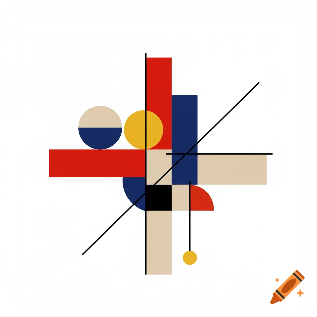 An abstract geometric composition in Bauhaus style with red, blue, black, yellow, and beige rectangles, circles, and lines.