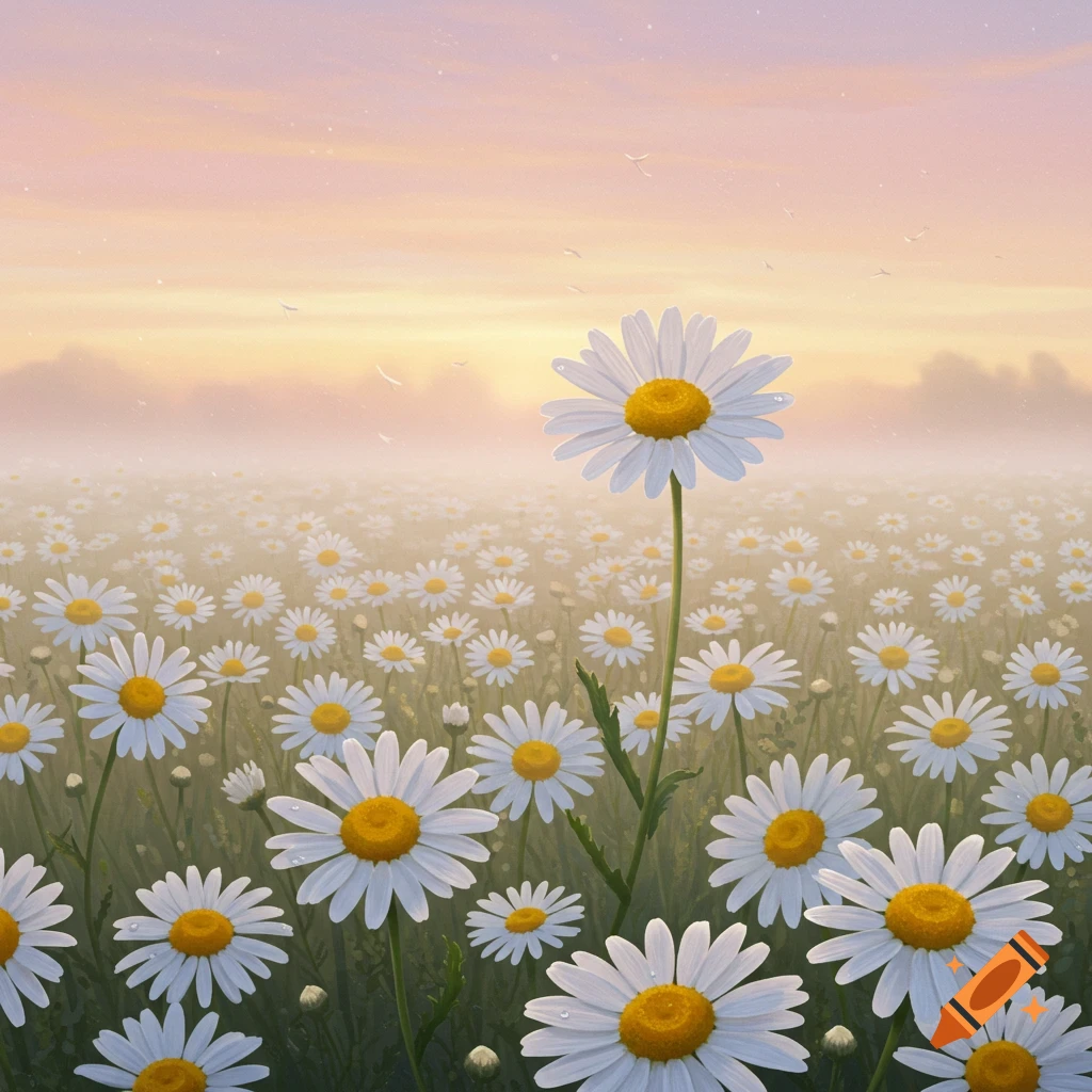 A soft, painterly image of a vast field of white and yellow daisies under a misty sunrise sky.