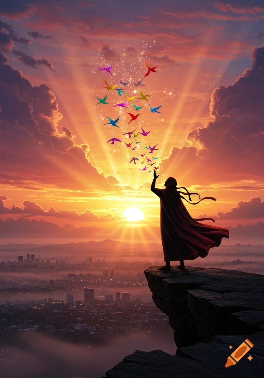 A cloaked figure stands on a cliff, releasing colorful, sparkling birds into a vibrant sunset over a misty city, in a dramatic style.