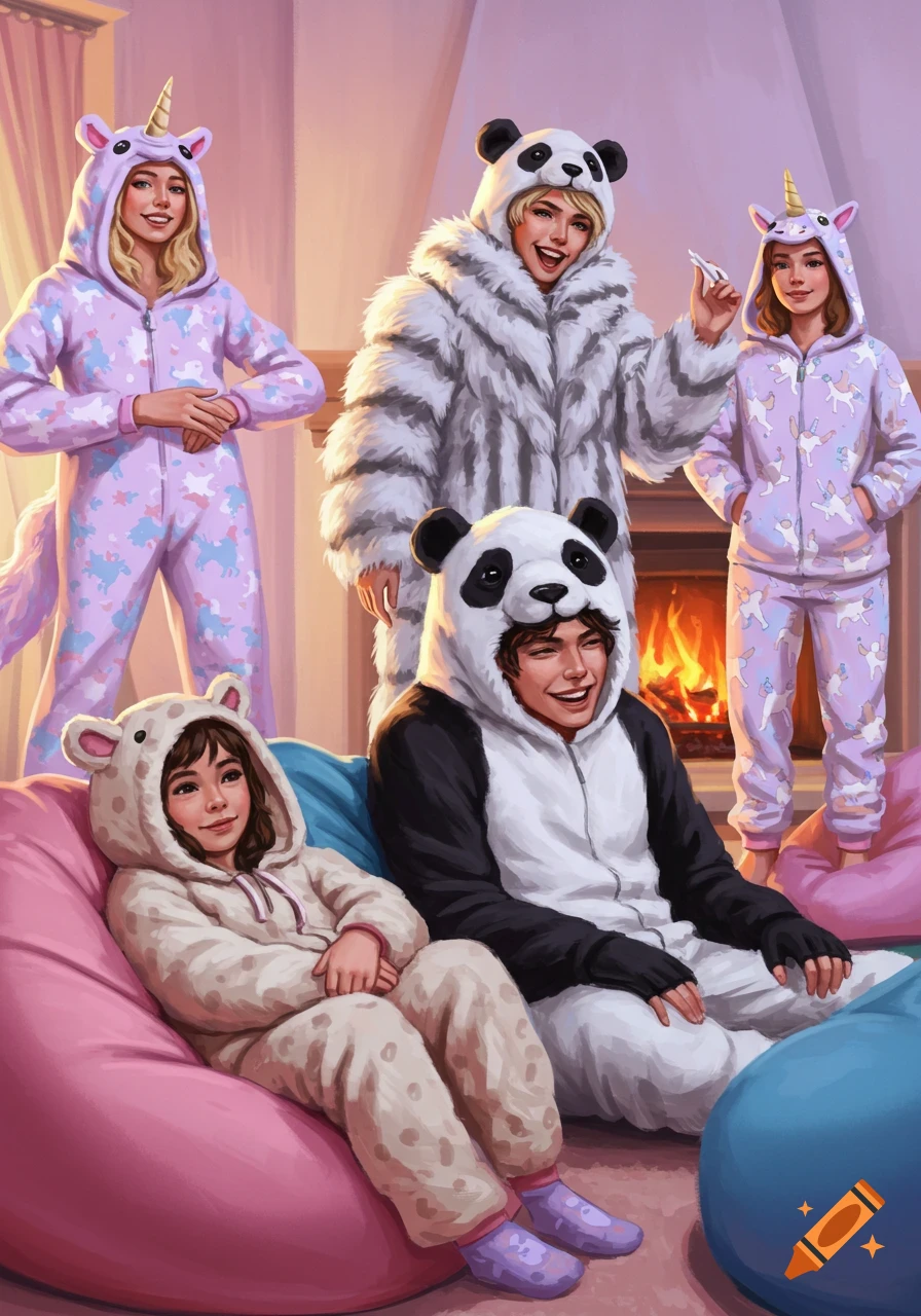 A digital illustration of five friends in animal pajamas and a fur coat relaxing by a fireplace with bean bags.