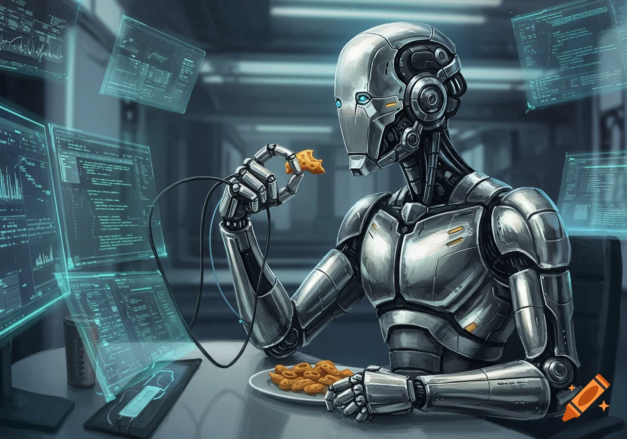 A detailed illustration of a silver robot eating a cookie while surrounded by glowing holographic computer screens displaying data and code.