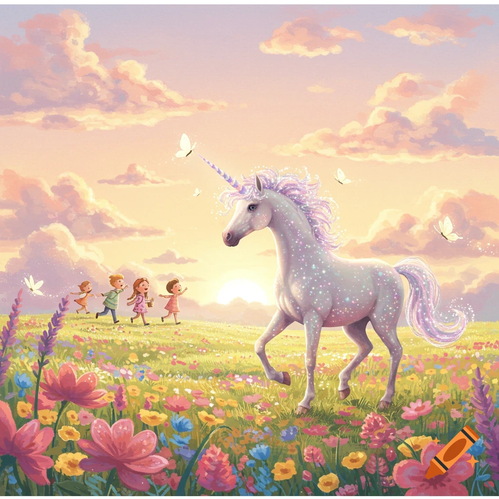 A sparkling unicorn walks through a vibrant wildflower meadow with four children chasing butterflies at sunset in an enchanting illustration.