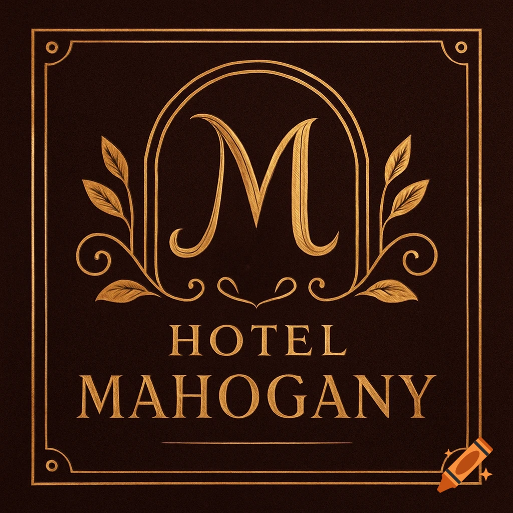 Elegant golden luxury logo for Hotel Mahogany, featuring a stylized 'M' with leaves and the hotel name on a dark brown background.