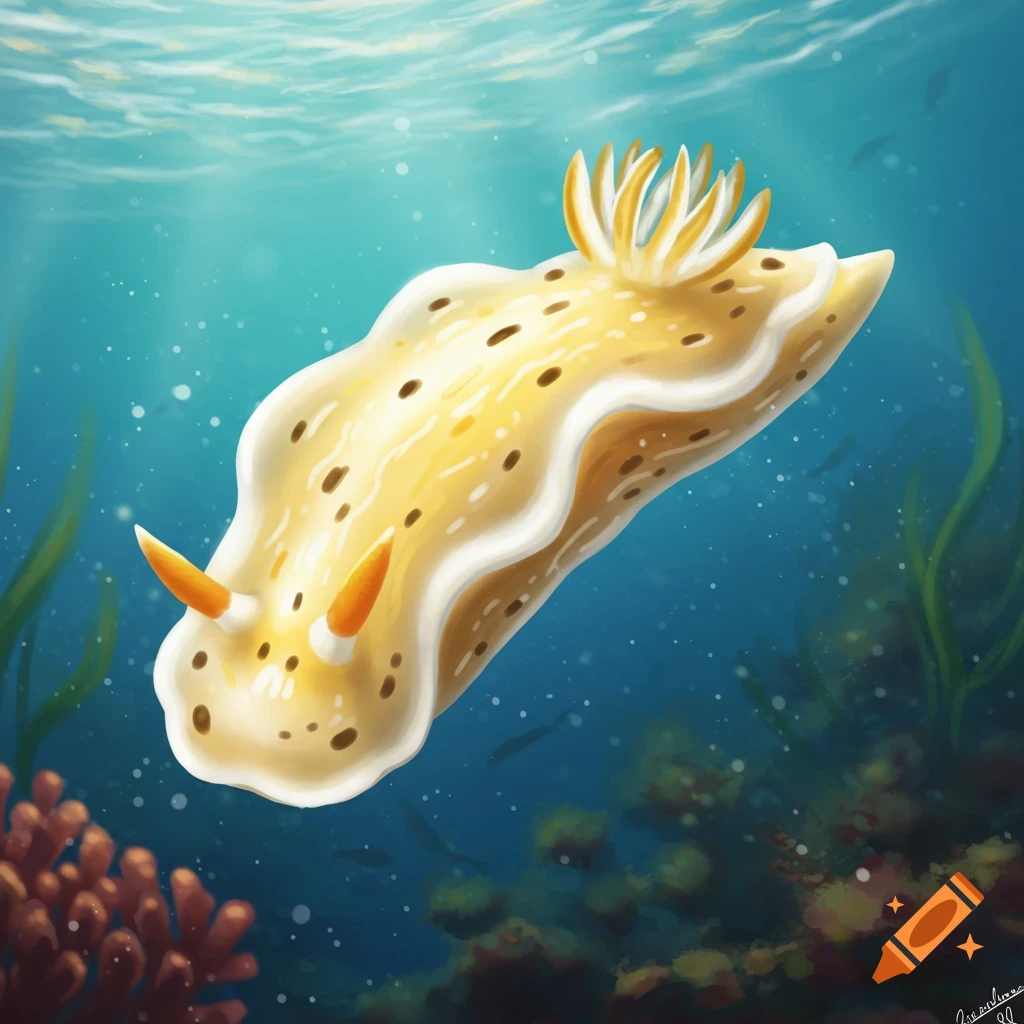 A vibrant illustration of a yellow and white nudibranch with brown spots, swimming in clear blue water above coral.