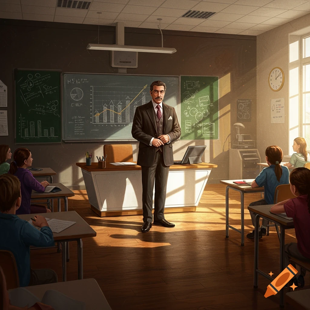 A male teacher in a suit stands in a sunlit classroom, addressing students at their desks, with blackboards behind him.
