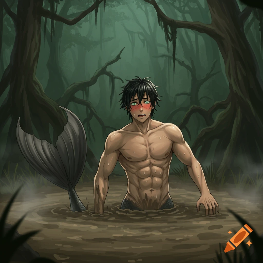 Anime style illustration of a muscular male mermaid with black hair and green eyes, blushing while stuck in muddy swamp water.