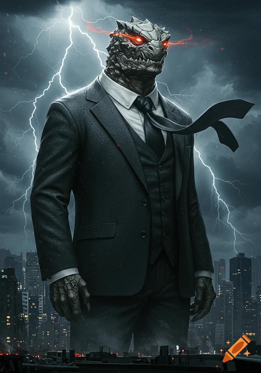 Photorealistic reptilian humanoid monster in a dark suit with glowing red eyes, against a stormy city with lightning.