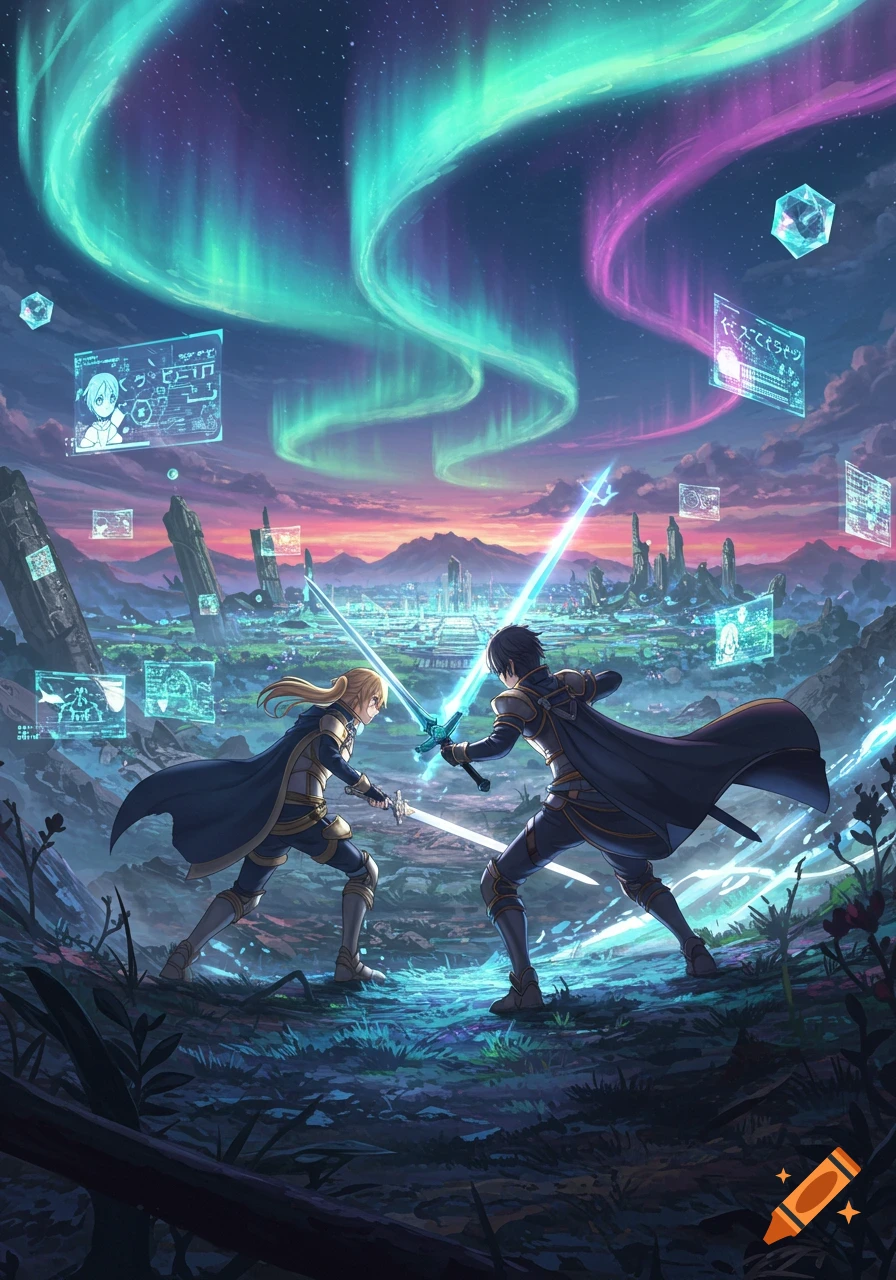 Anime-style characters sword fighting under a vibrant aurora in a futuristic fantasy landscape with floating holographic screens.