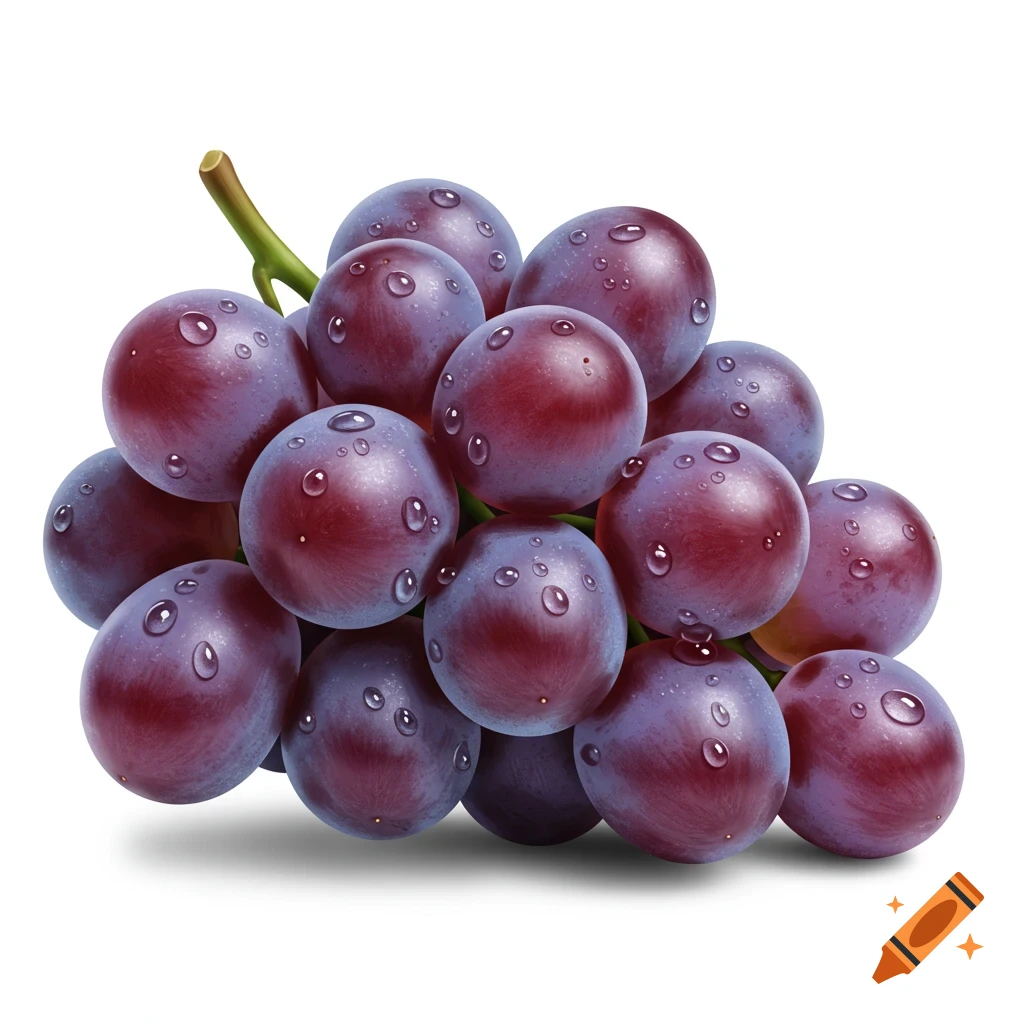 A cluster of ripe purple grapes with water droplets against a white background, photorealistic style.