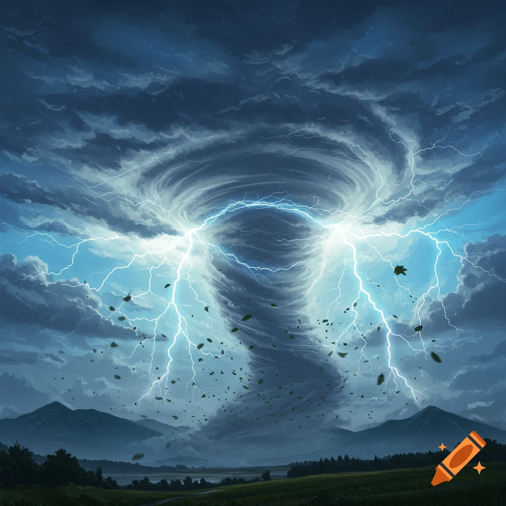 A dramatic storm with a large tornado, intense lightning, and dark swirling clouds over a landscape with mountains and fields.