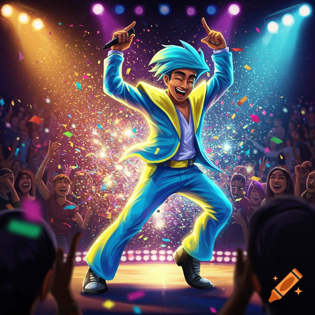 Vibrant cartoon illustration of a male performer on stage, singing with a microphone as confetti falls and an audience watches.