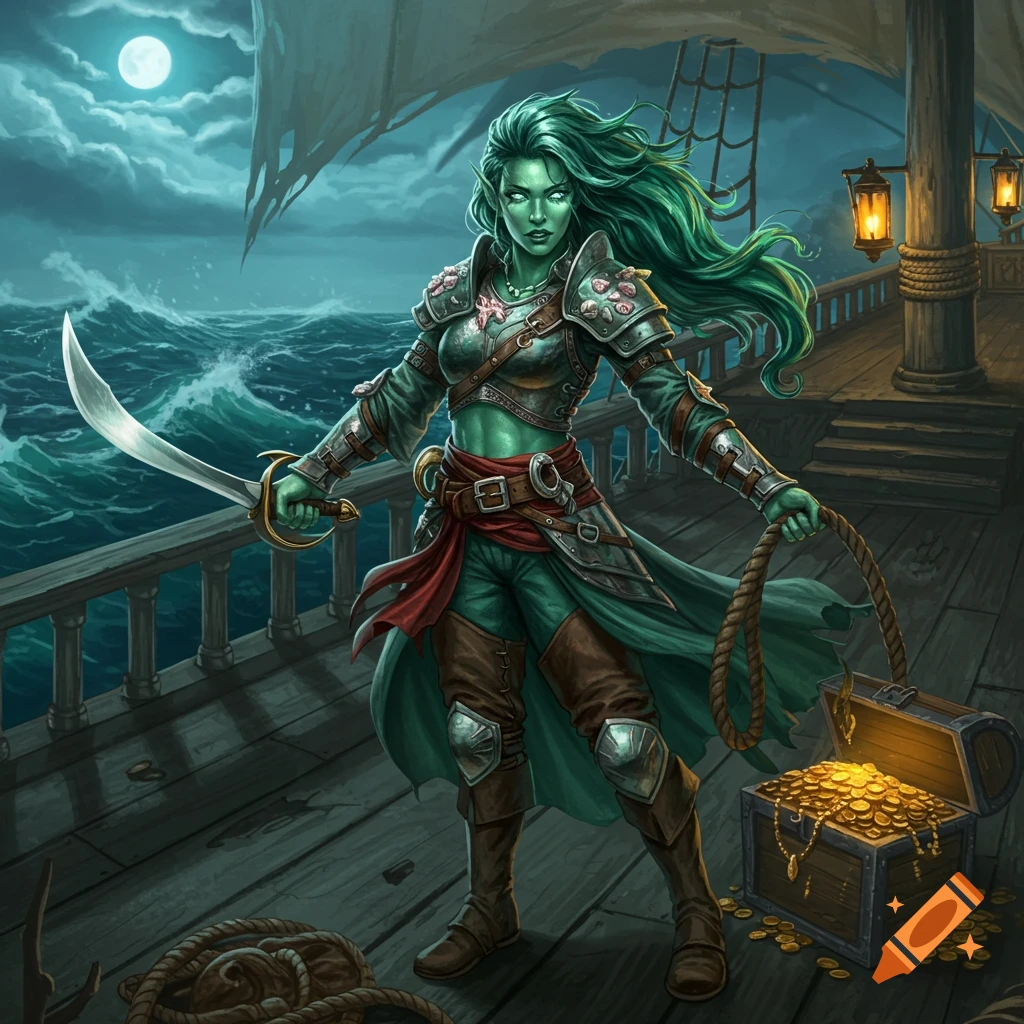 A green-skinned sea elf pirate stands on a ship deck at night, holding a sword and rope, next to an open treasure chest of gold.