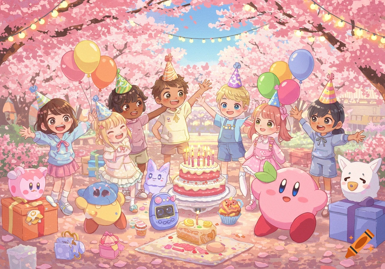 Anime kids and Kirby celebrate a birthday under cherry blossoms with balloons, cake, and a Tamagotchi, in friendly, dreamy colors.