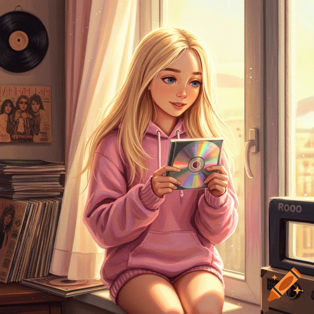 Blonde girl in pink hoodie holding a holographic CD, surrounded by vinyl records and a vintage stereo in a warm, illustrative style.