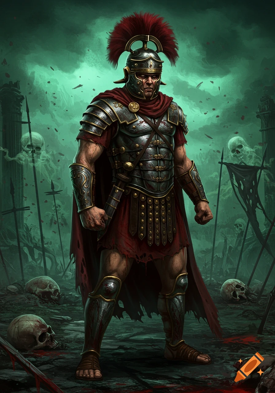 A formidable Roman Centurion stands amidst a grim, misty battlefield with skulls, spears, and spectral figures in a dark fantasy style.