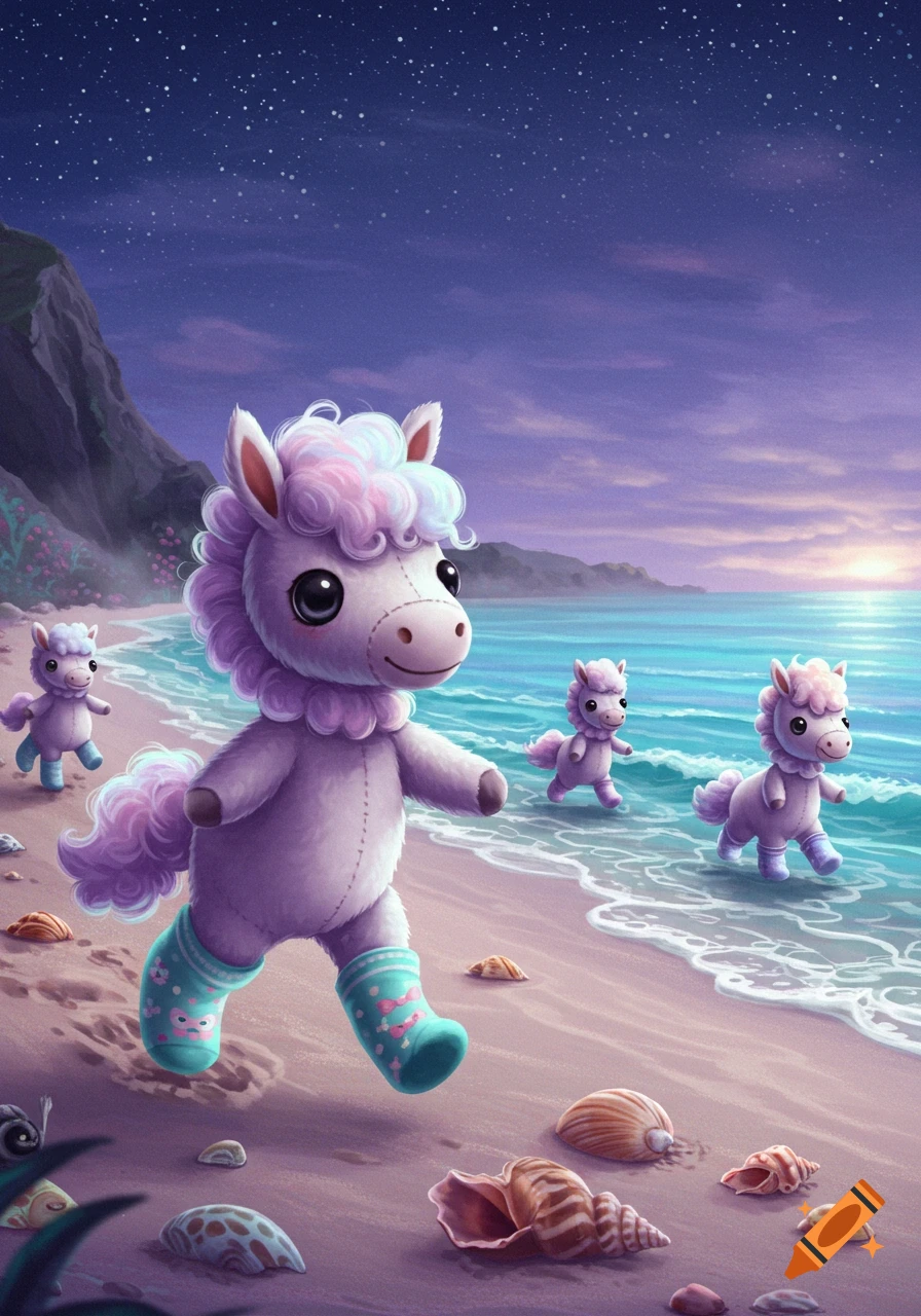 Cute plush toy-like horse creatures with rainbow manes walk on a starry beach with ocean waves at dusk.