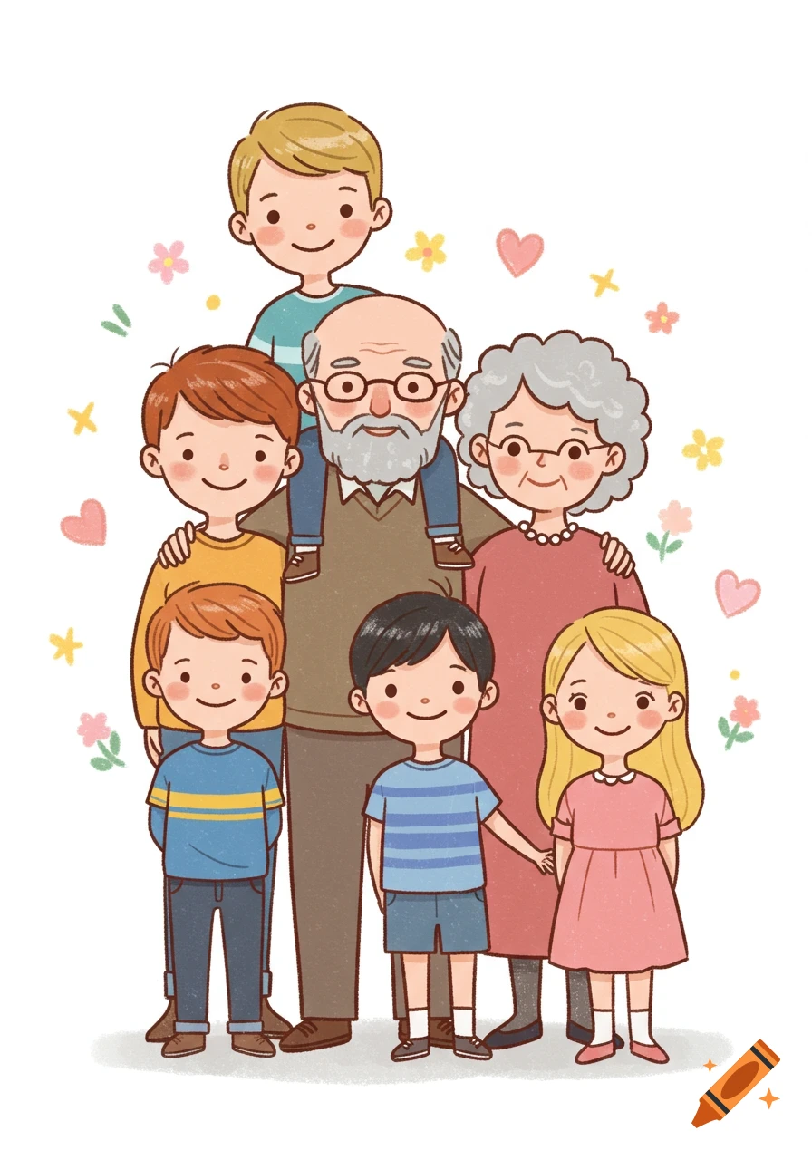 A heartwarming cartoon illustration of grandparents with their four happy grandchildren, surrounded by small hearts and flowers.