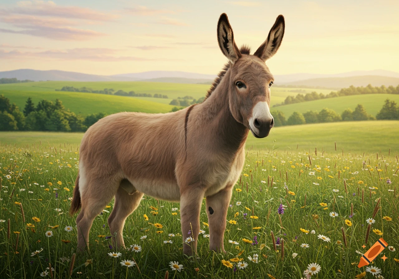 A photorealistic donkey stands in a vibrant green meadow filled with white and yellow wildflowers under a soft, golden sky.