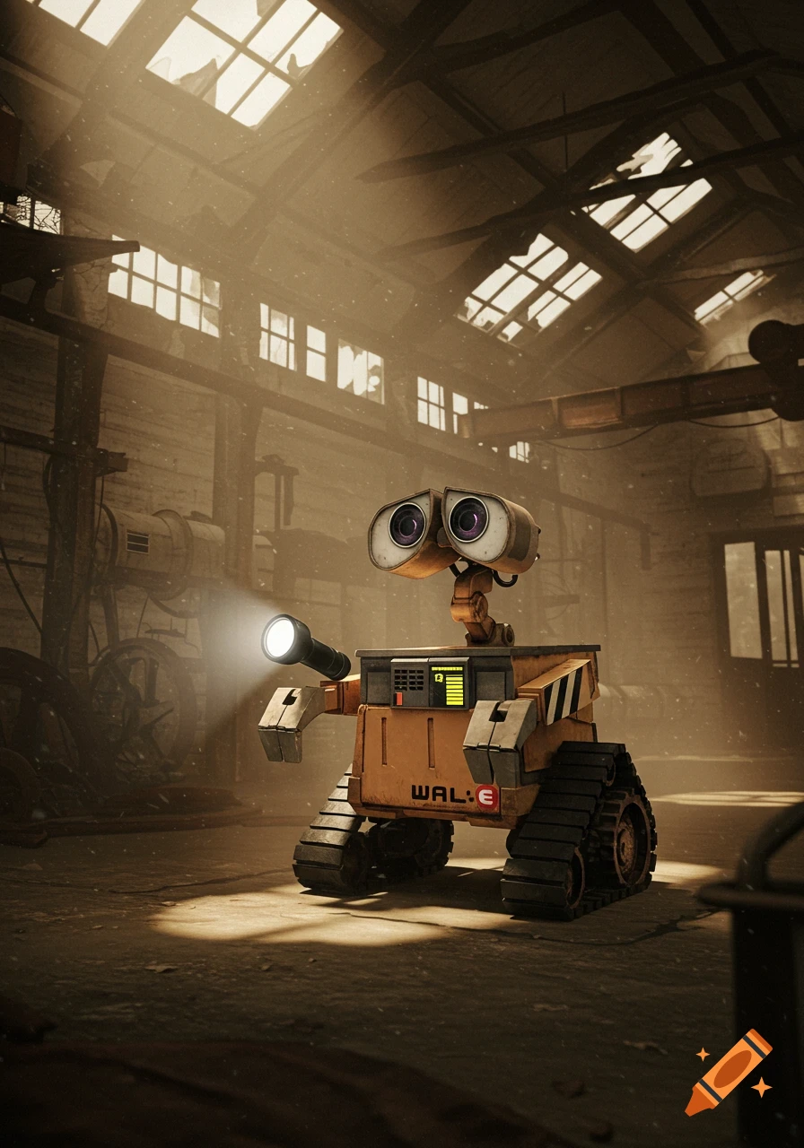 A robot resembling WALL-E, holding a flashlight, stands in a dusty, derelict factory with light streaming through broken windows.