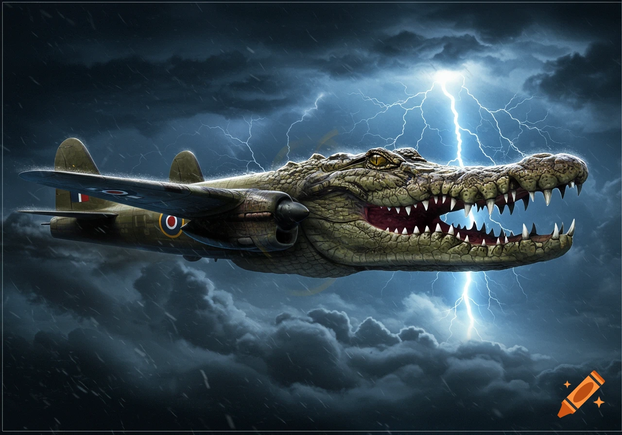 A detailed illustration of a bomber airplane with a crocodile head, flying through a stormy sky with lightning.
