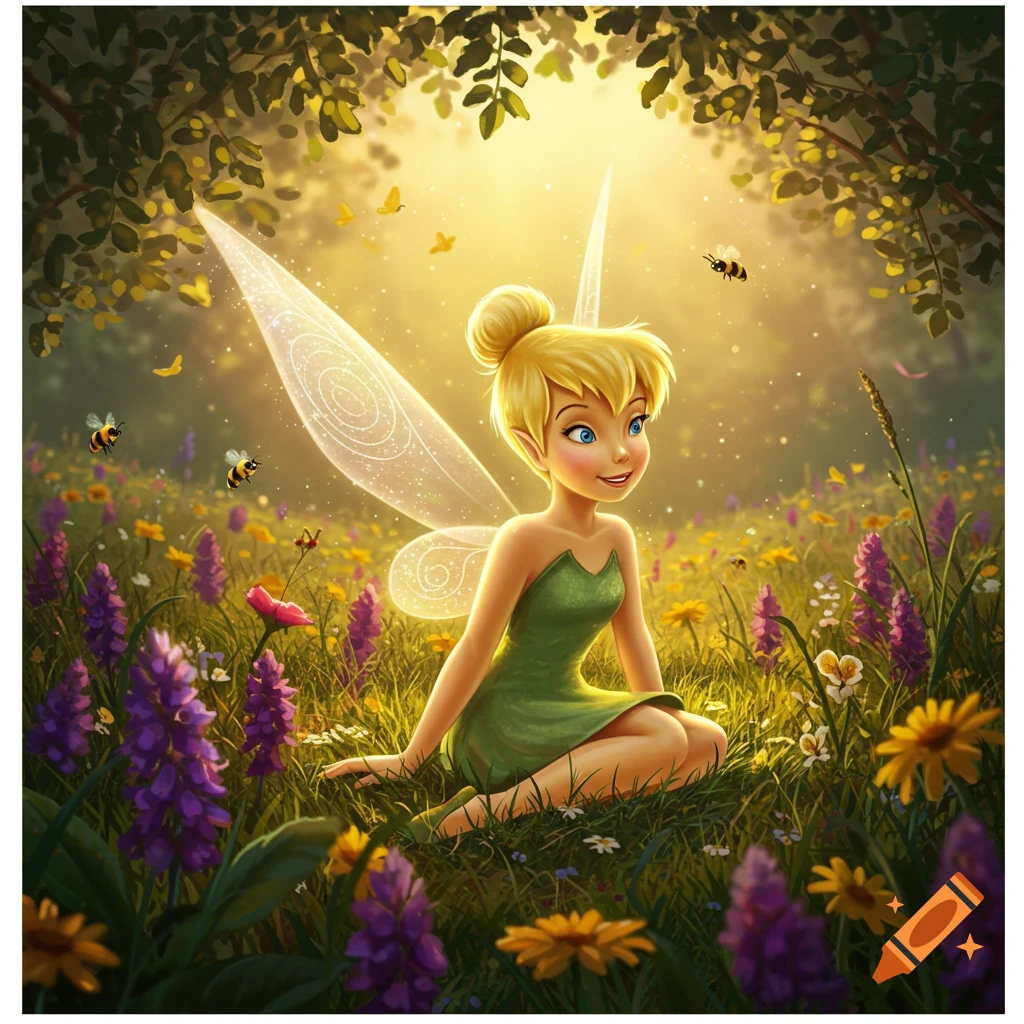 Stylized illustration of Tinker Bell sitting in a vibrant, sunlit field of purple and yellow flowers with bees.