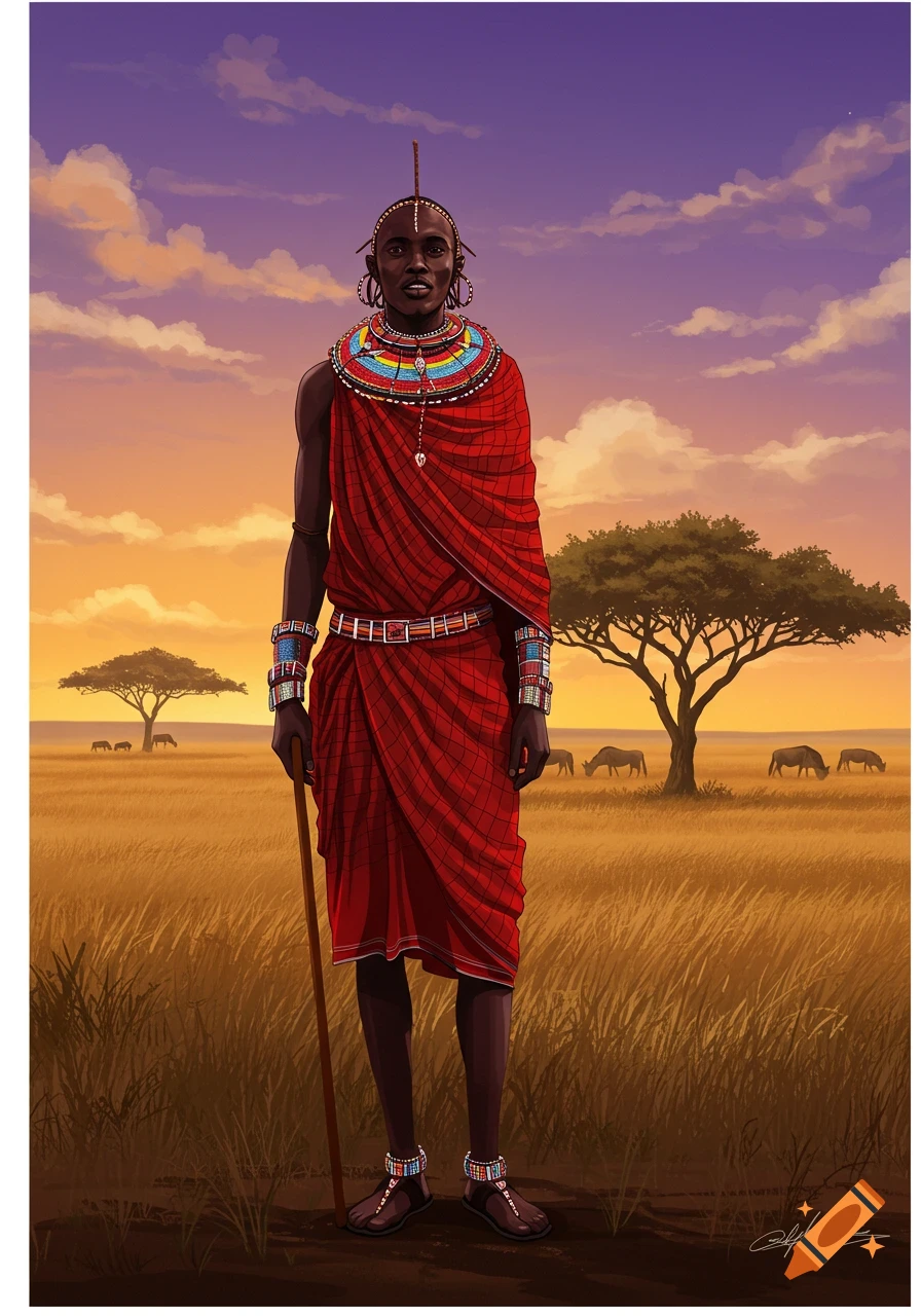 Illustration of a Maasai man in red attire and beaded jewelry, holding a stick in an African savanna with acacia trees and animals during sunset.