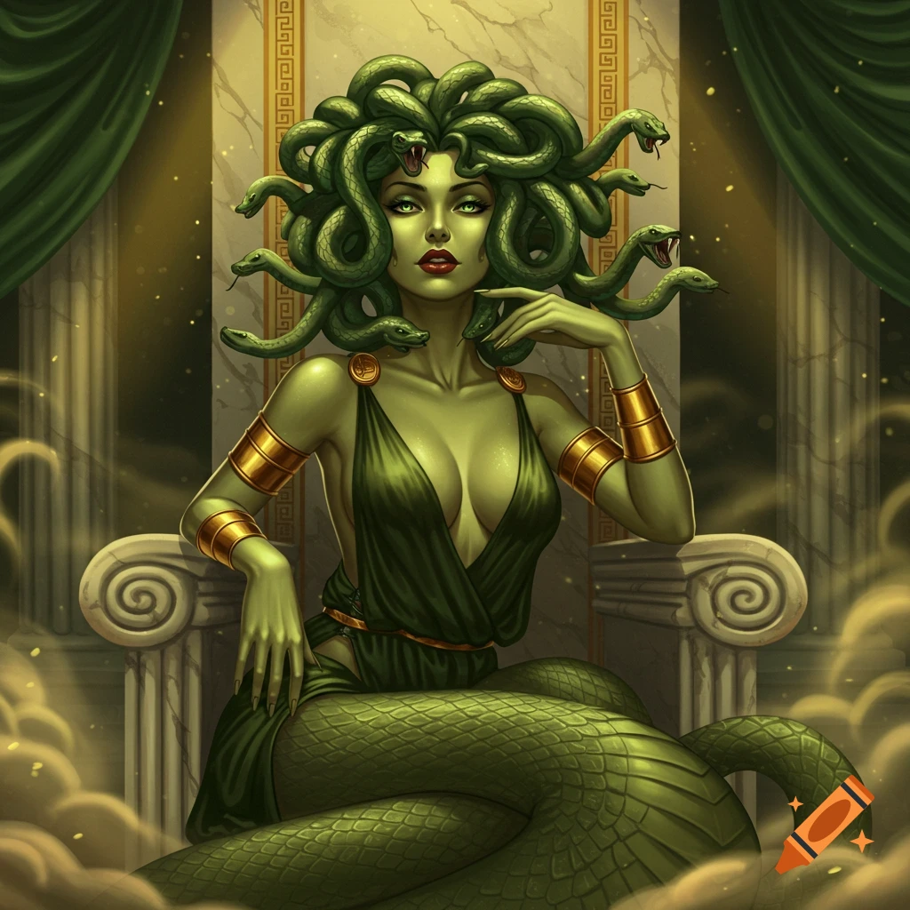 Stylized illustration of Medusa, with green skin and snakes for hair, sitting on a throne in a Greek temple setting.