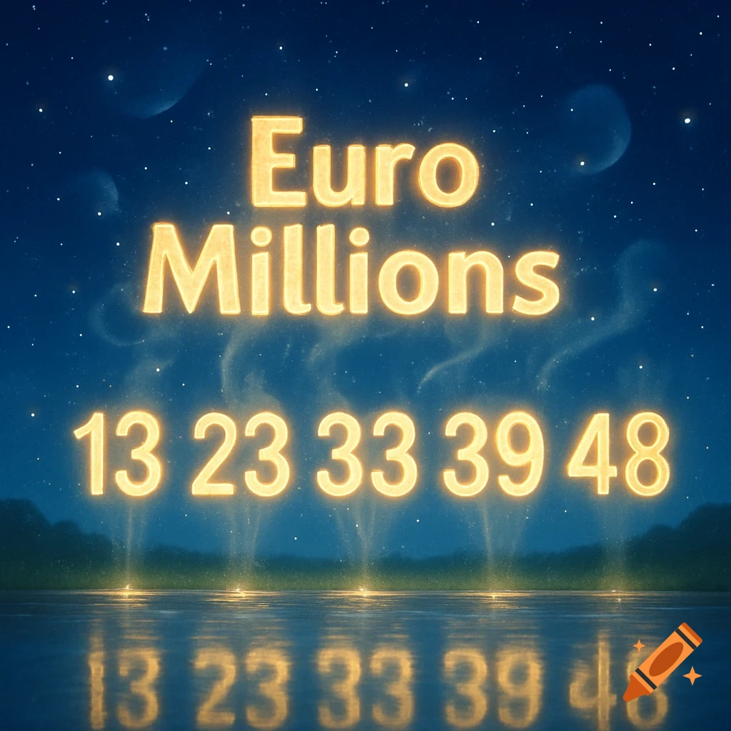 Glow-effect text 'Euro Millions' and numbers '13 23 33 39 48' reflected on water under a starry night sky.