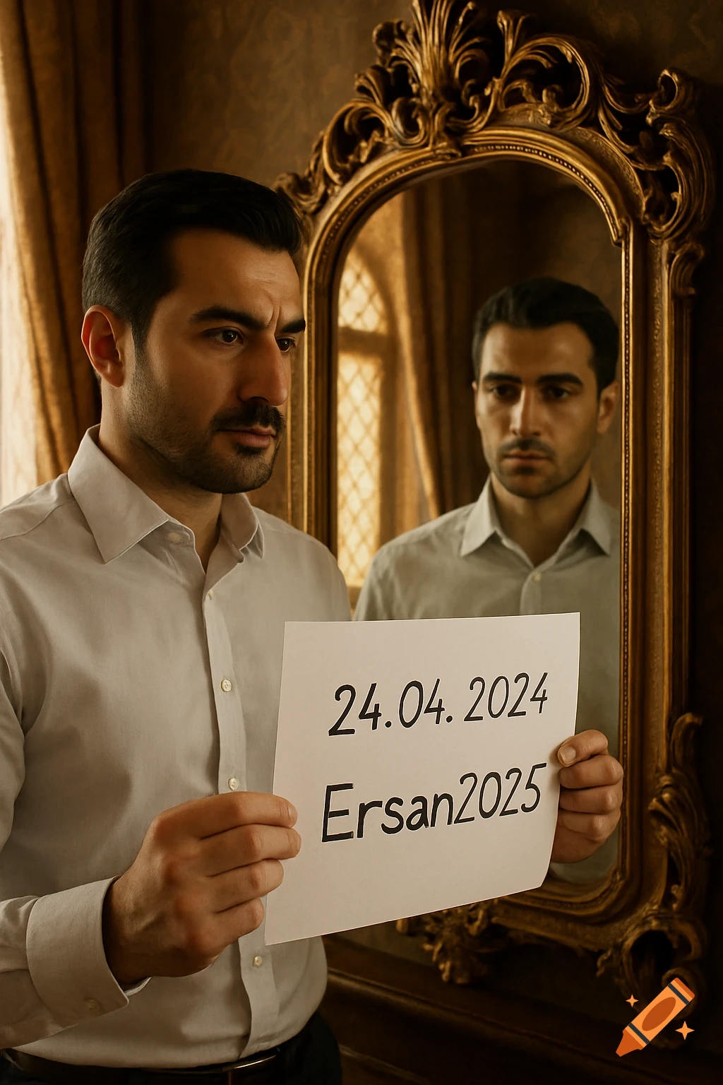 A man holding a paper with '24.04.2024 Ersan2025' in front of an ornate mirror, looking at his reflection.