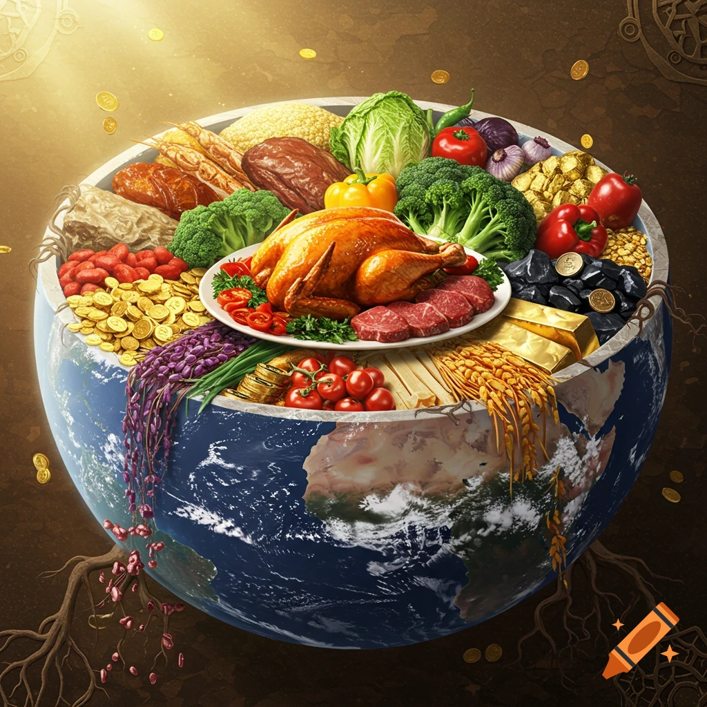 Photorealistic image of the Earth's lower half like a bowl, overflowing with roast chicken, meats, vegetables, gold, and coins.