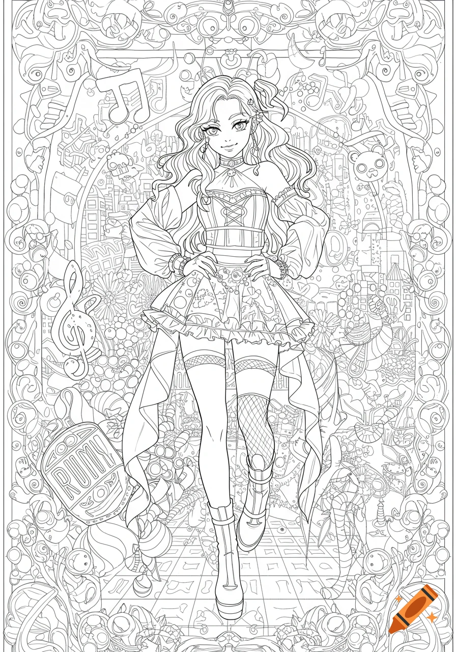 Detailed line art coloring page of an anime girl in an ornate K-pop-inspired outfit with a whimsical musical background.