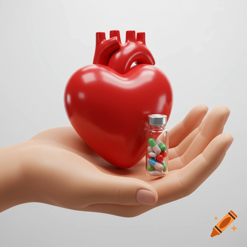 A 3D rendered hand holds a stylized red heart and a clear vial filled with colorful medicine pills against a white background.