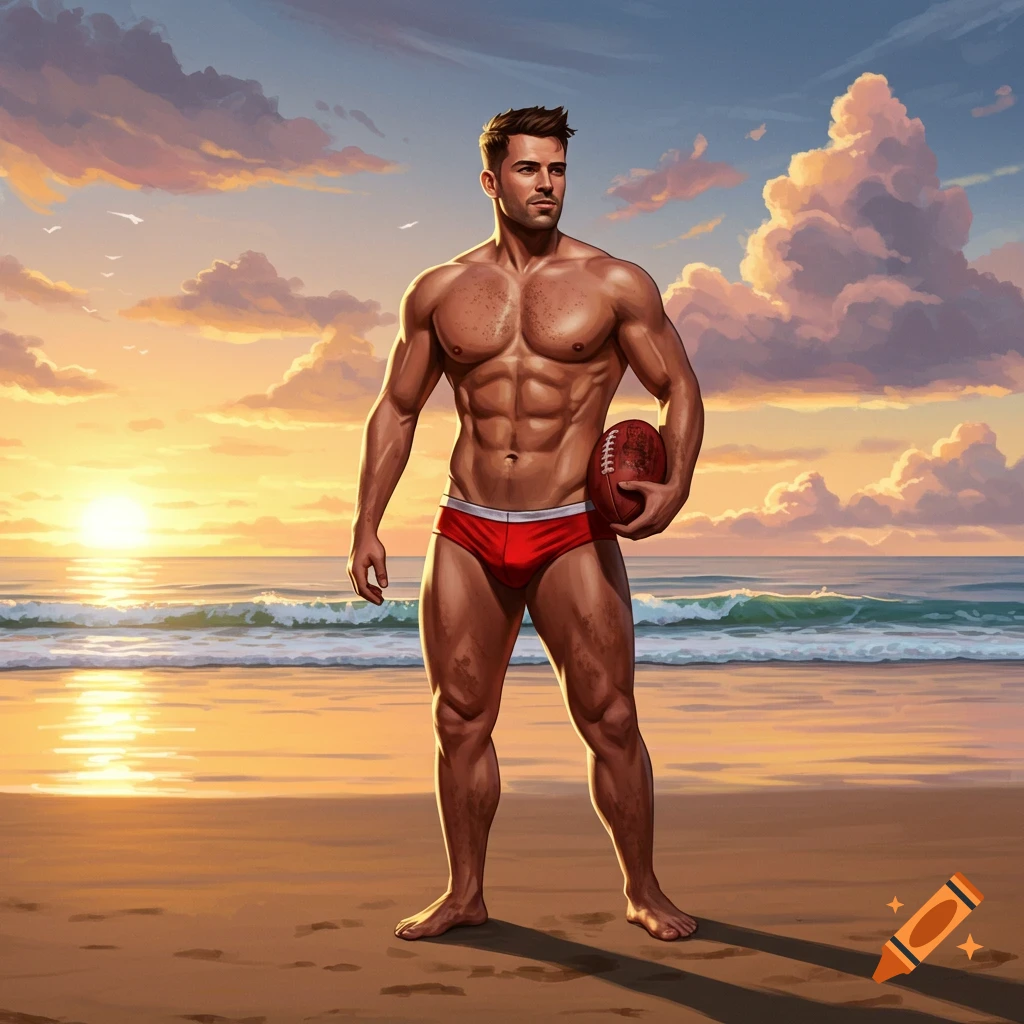 Muscular man in red speedos holding a football on a beach at sunset.