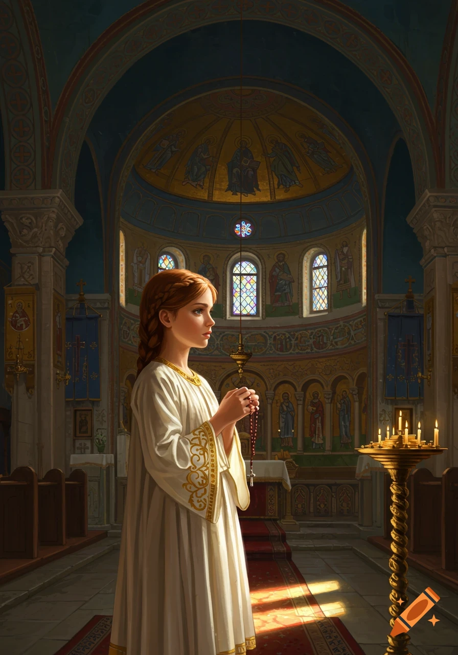 A young girl in a white robe holds a rosary in a richly decorated Orthodox church with stained glass and mosaics, illuminated by sunlight.