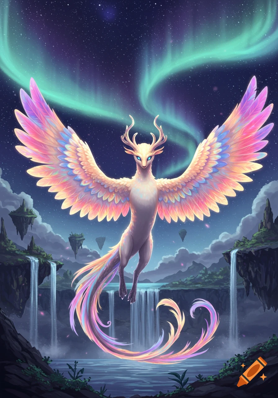 A vibrant mythical winged creature with antlers floats above waterfalls and floating islands under a starry aurora night sky, digital art.