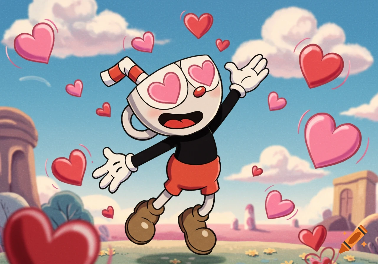 Cartoon character Cuphead floats happily with heart eyes, surrounded by pink and red hearts, against a blue sky with clouds.