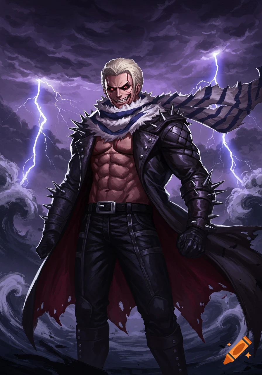 Anime style art of a muscular blonde man with red eyes and a menacing grin, wearing an open spiked coat and striped scarf, against a stormy sky with lightning.