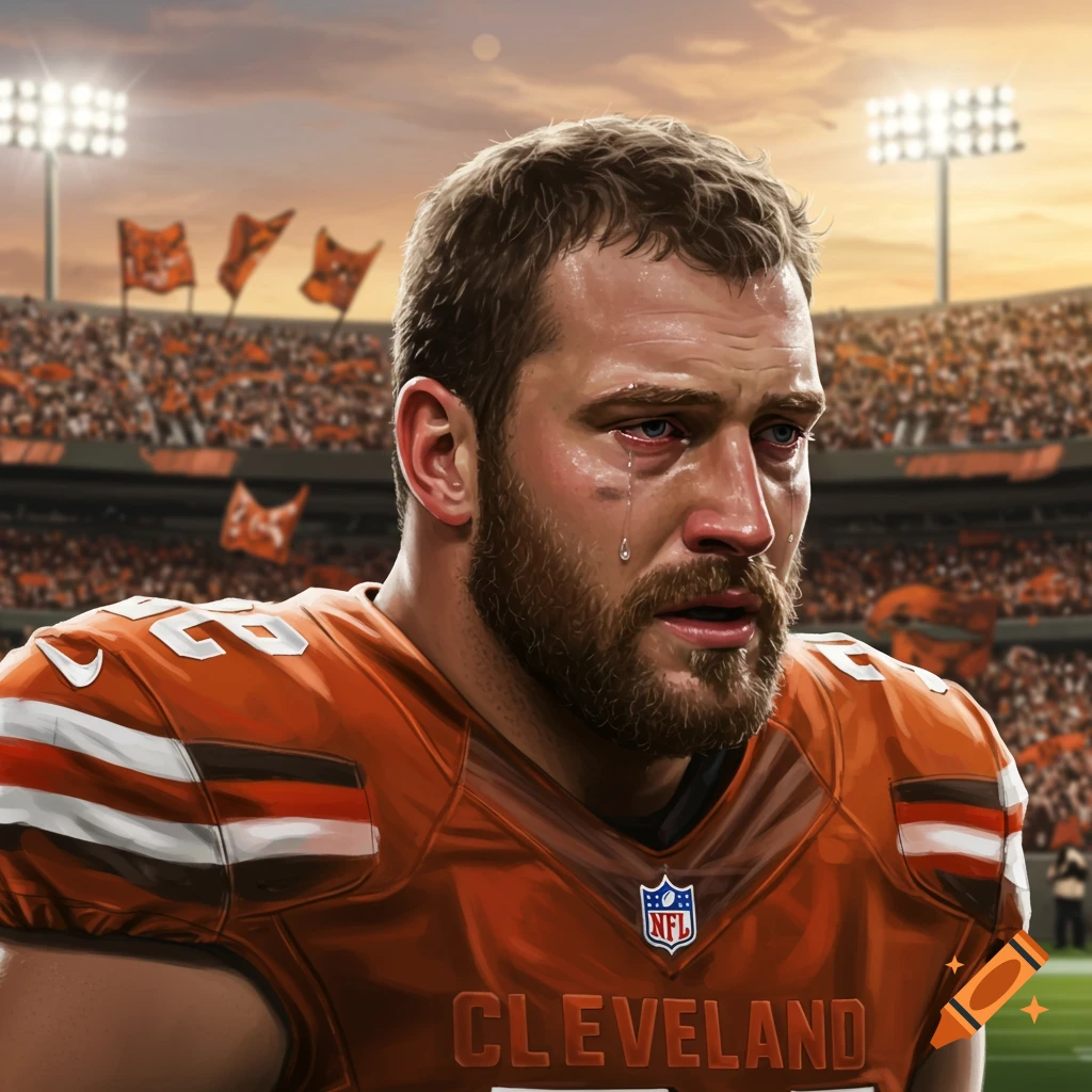 A crying Cleveland Browns football player in an orange jersey stands on a stadium field, tears visible on his face.