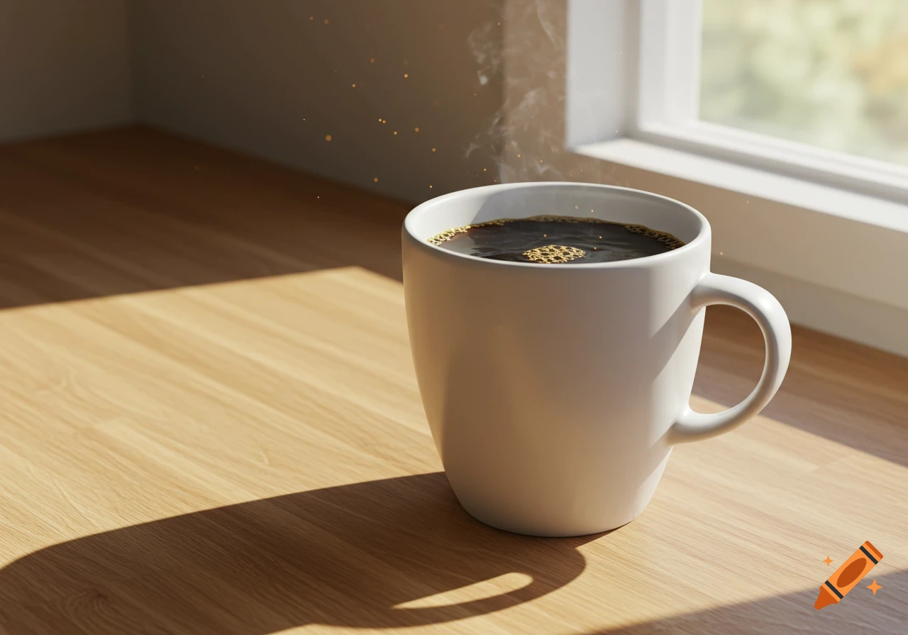 A photorealistic white coffee mug filled with black coffee, steaming gently on a light wooden table by a sunny window.