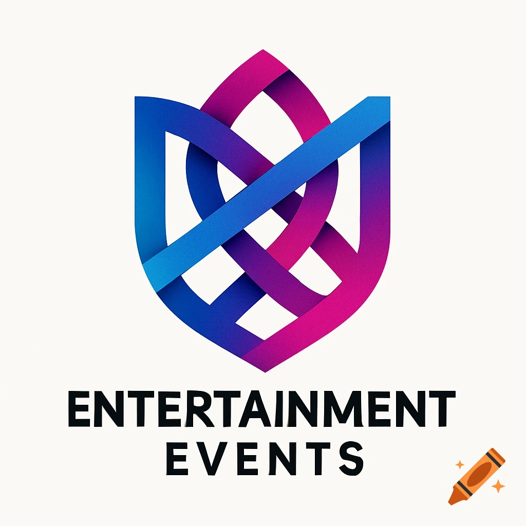 Abstract logo with intertwined blue and magenta ribbons forming a shield shape, above the text 'ENTERTAINMENT EVENTS'.